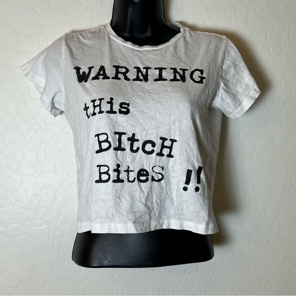 Y2K 90s S “Warning This Bi*ch Bites” Baby Tee White Black Fitted Tee Shirt